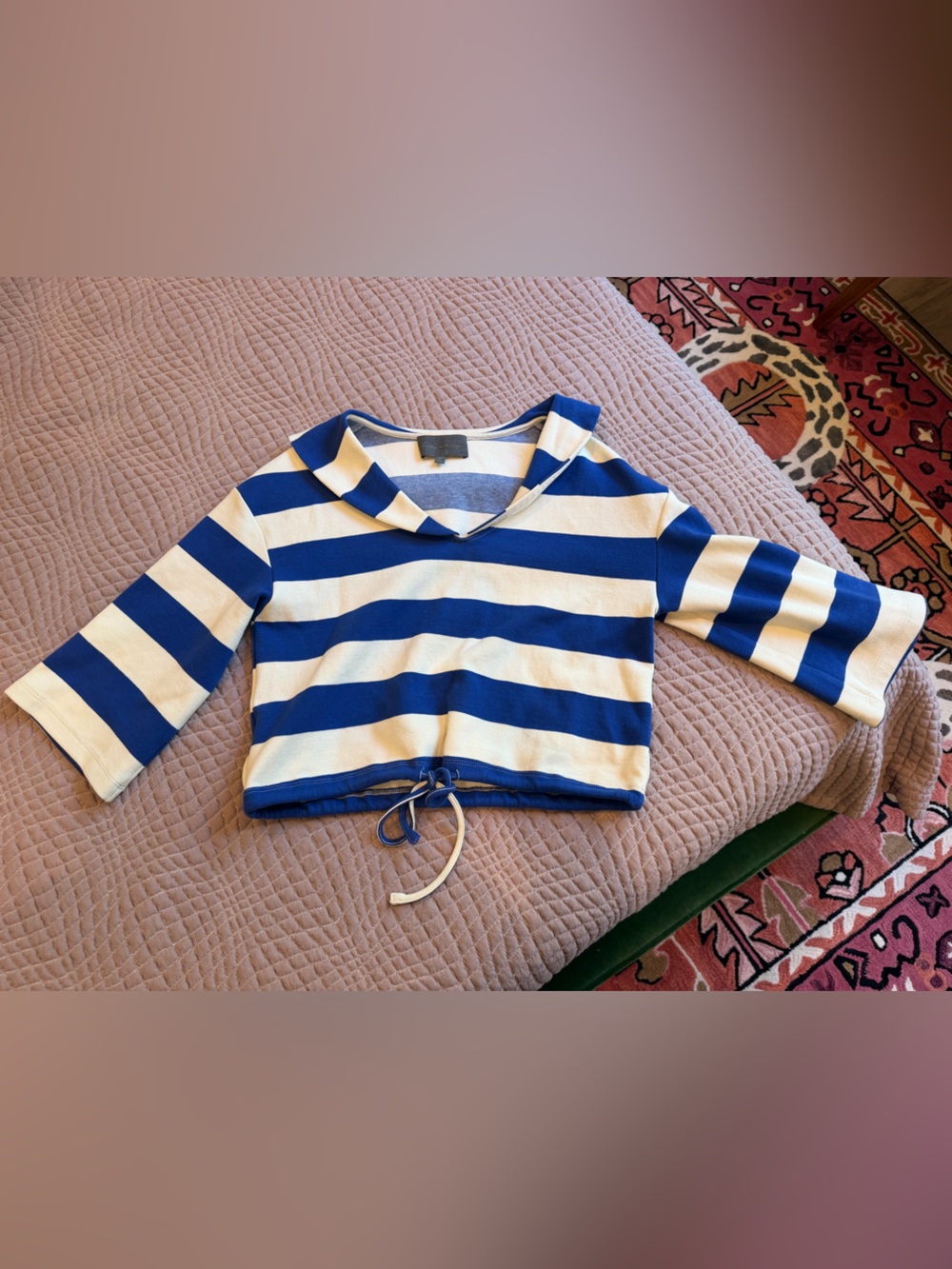 Anthropologie Blue Cream Striped Cropped Knit Top XS